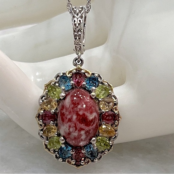 Norwegian Thulite Multigemstone 14 K YG Sterling Silver Pendant Necklace